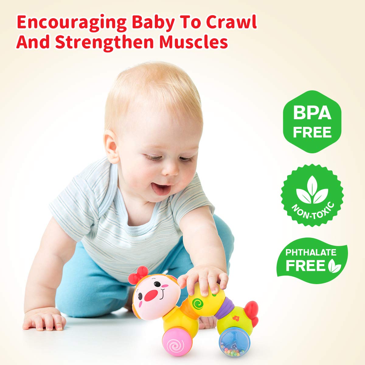 Vanmor press-and-go caterpillar demonstrates easy push-and-go action for crawling practice.