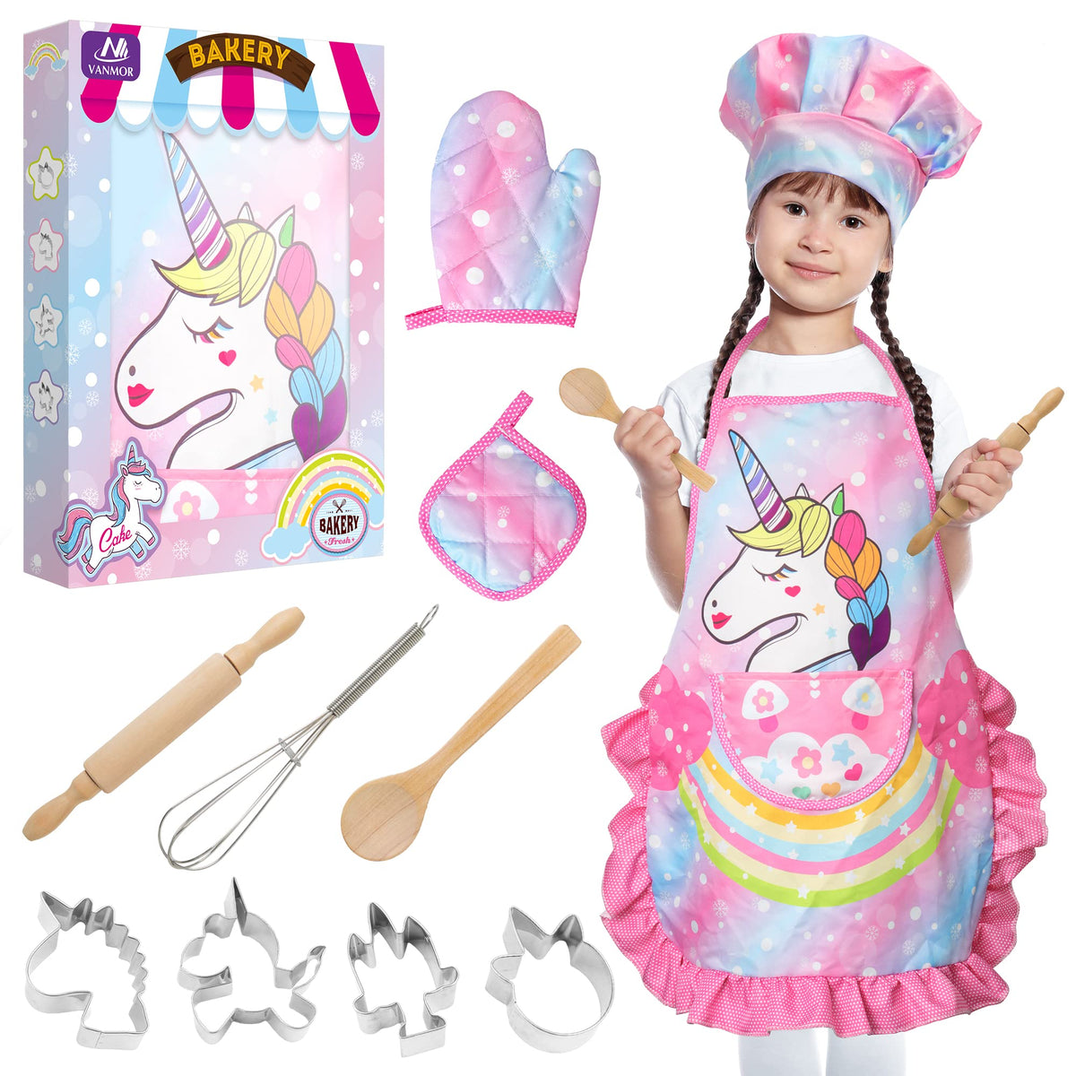 Vanmor Unicorn Kids Cooking Set with chef hat for imaginative play and role‑play baking
