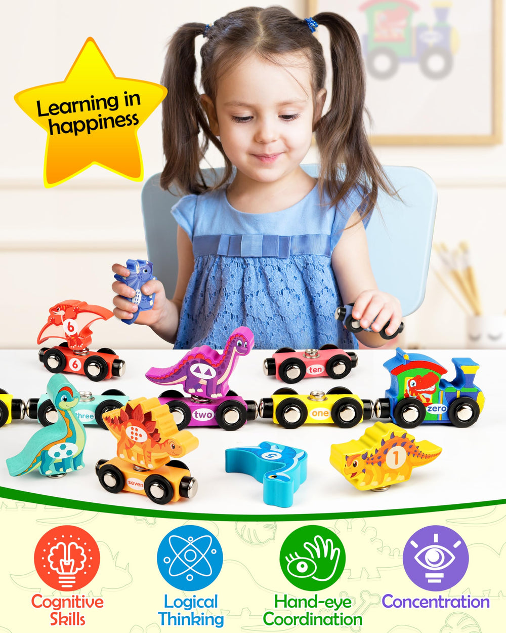 Vanmor wooden dinosaur figures arranged with trains, encouraging imaginative play and early story-building.