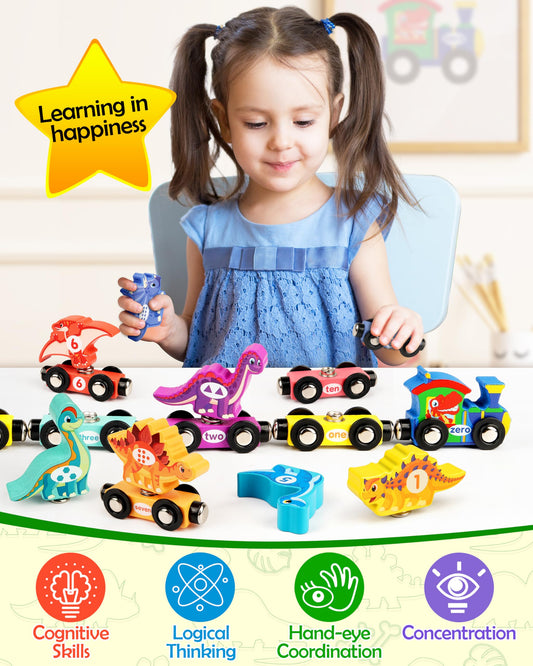 Vanmor wooden dinosaur figures arranged with trains, encouraging imaginative play and early story-building.