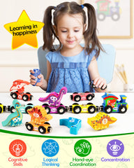 Vanmor wooden dinosaur figures arranged with trains, encouraging imaginative play and early story-building.
