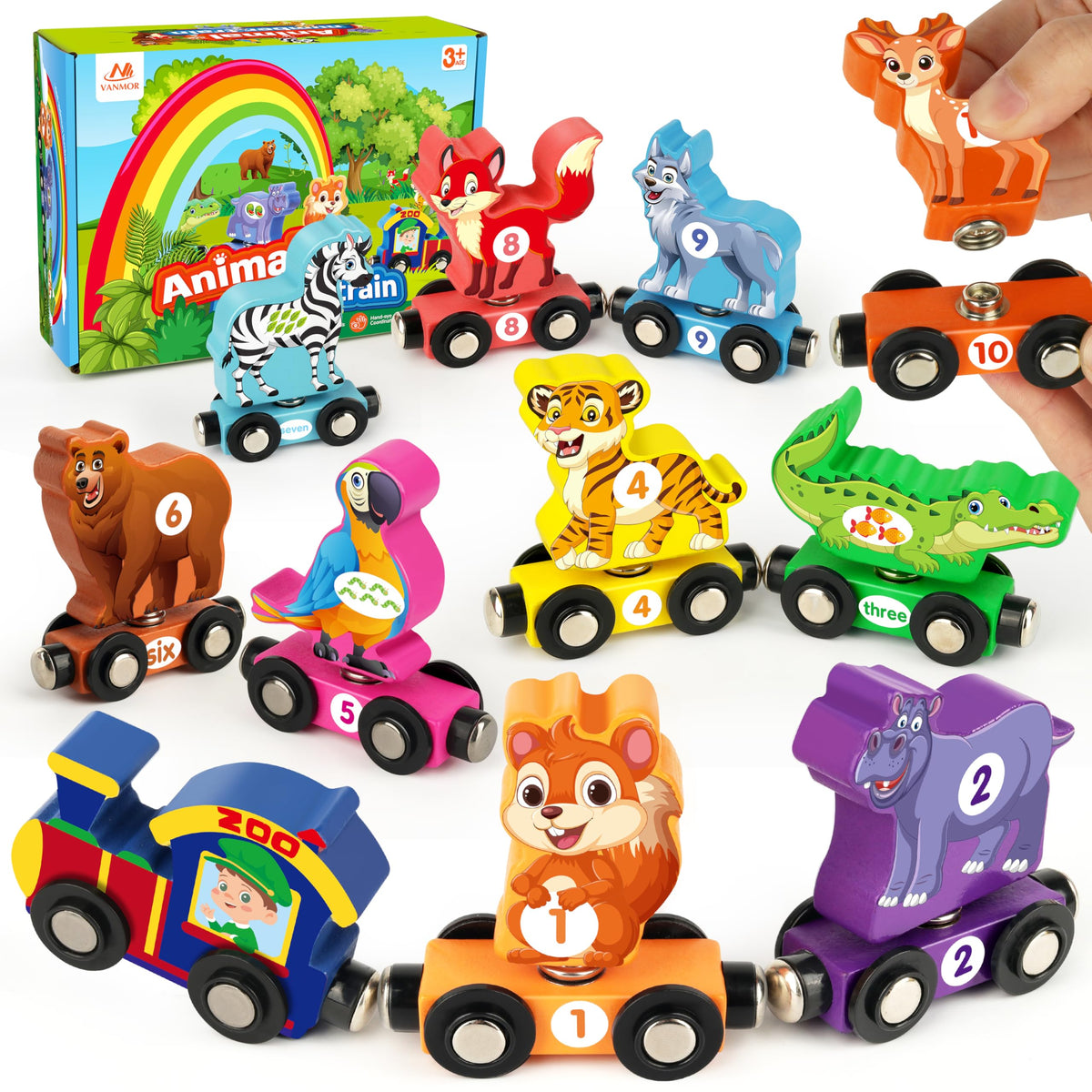Vanmor wooden train set for toddlers with numbered cars and animals to spark imaginative play.