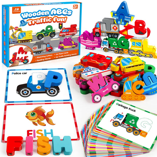 Vanmor wooden vehicle alphabet puzzle top view with bright blocks for early literacy