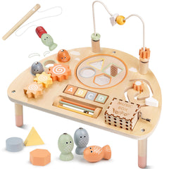 Vanplay 8-in-1 activity table with bead maze enhances hand-eye coordination during play.