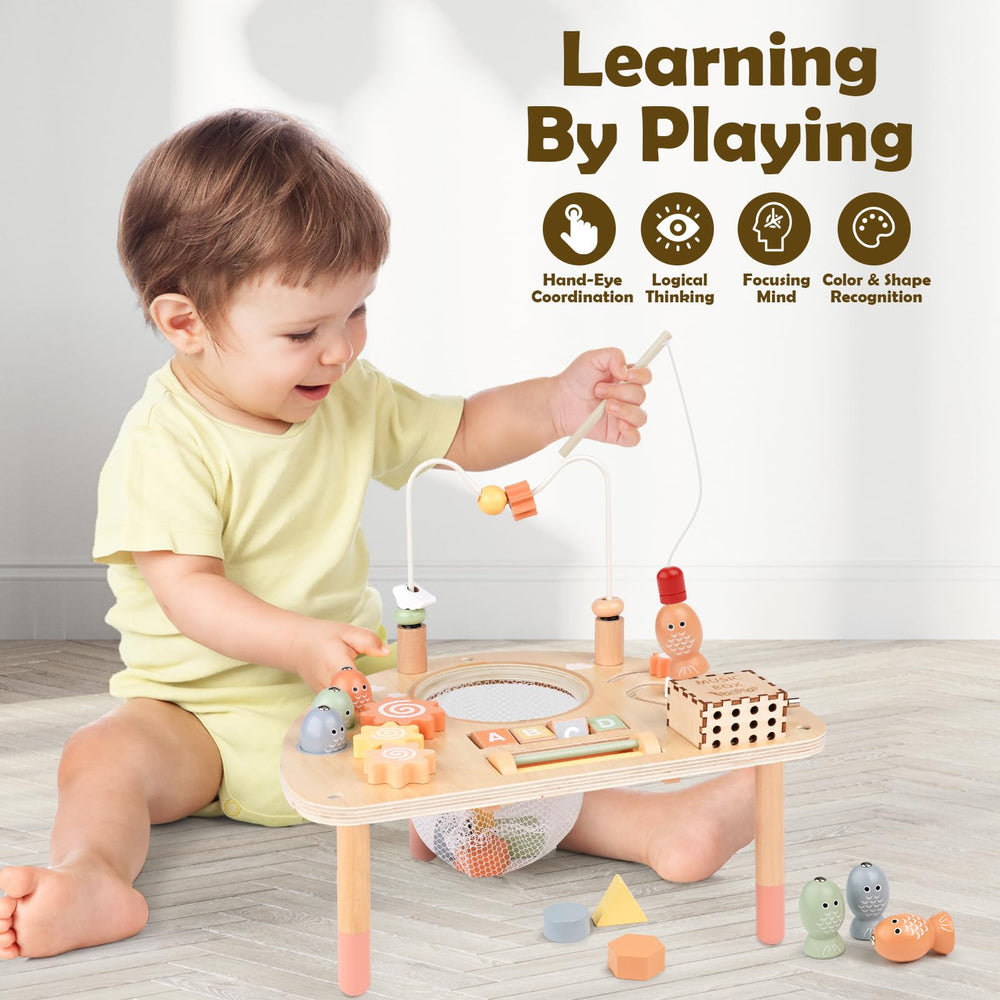 Vanplay fishing game on 8-in-1 table promotes fine motor control during pretend play.