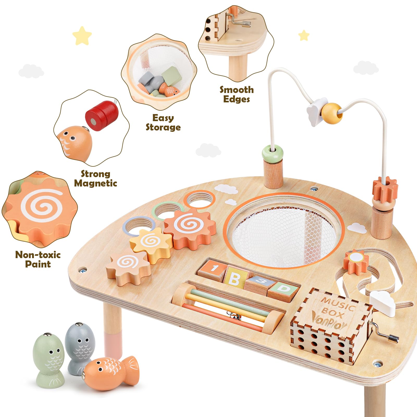 Vanplay 8-in-1 table shows spinning gears encouraging cause-and-effect exploration.