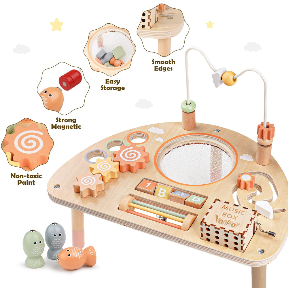 Vanplay 8-in-1 table shows spinning gears encouraging cause-and-effect exploration.