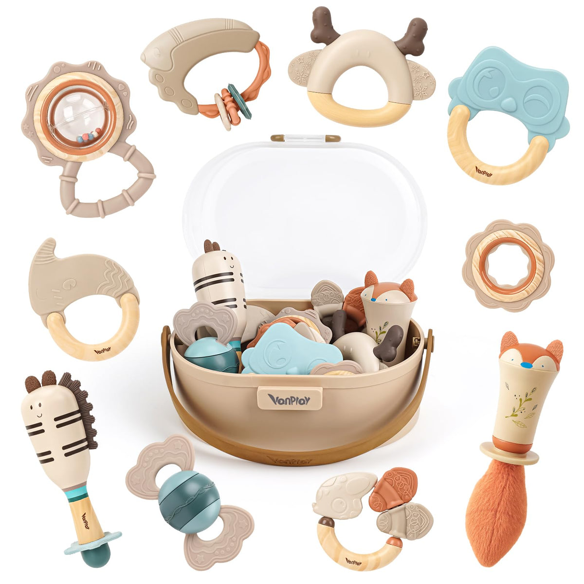 Vanplay 10-piece rattles and teethers pack for multi-sensory baby play.