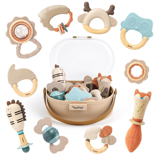 Vanplay 10-piece rattles and teethers pack for multi-sensory baby play.
