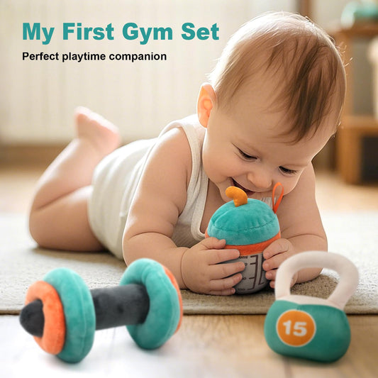 Vanplay barbell plush — gentle rattle aids auditory and visual development during play.