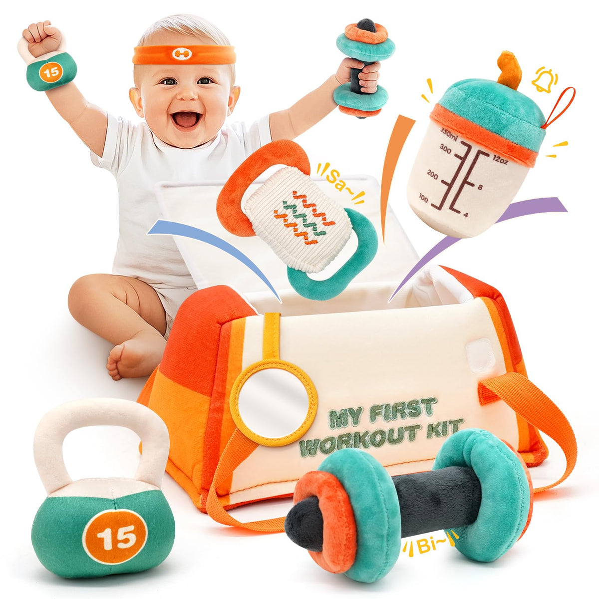 Vanplay kettlebell plush — soft textures promote early grasp and exploration.