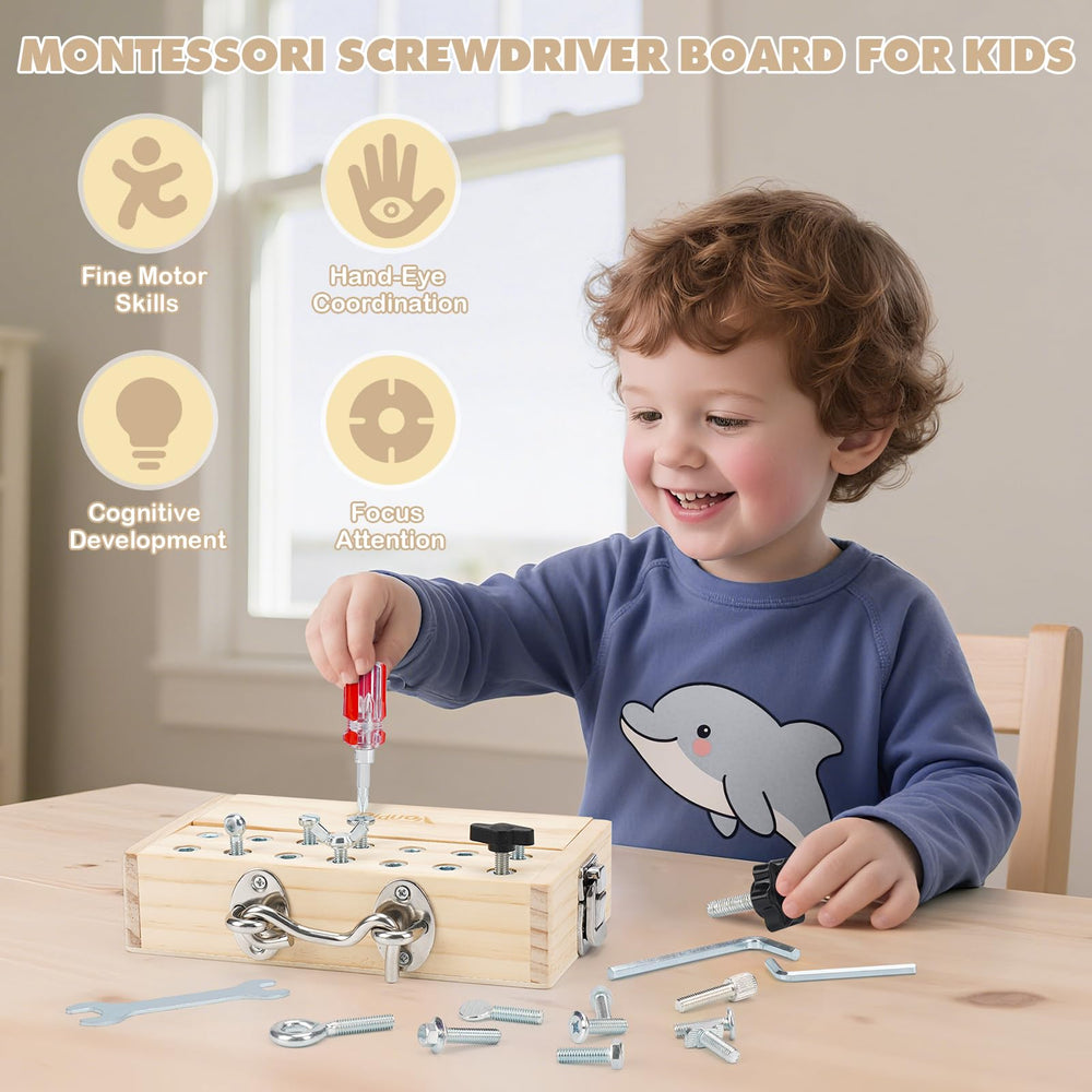 Vanplay Busy Board lock-and-key engages problem-solving and dexterity in young learners.