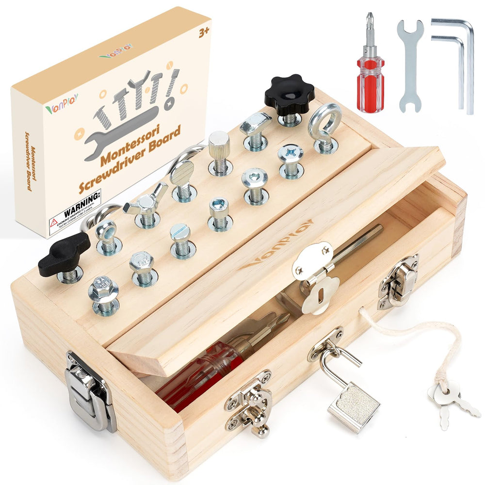 Vanplay Busy Board screwdriver-assembly fosters fine motor skills through hands-on practice.