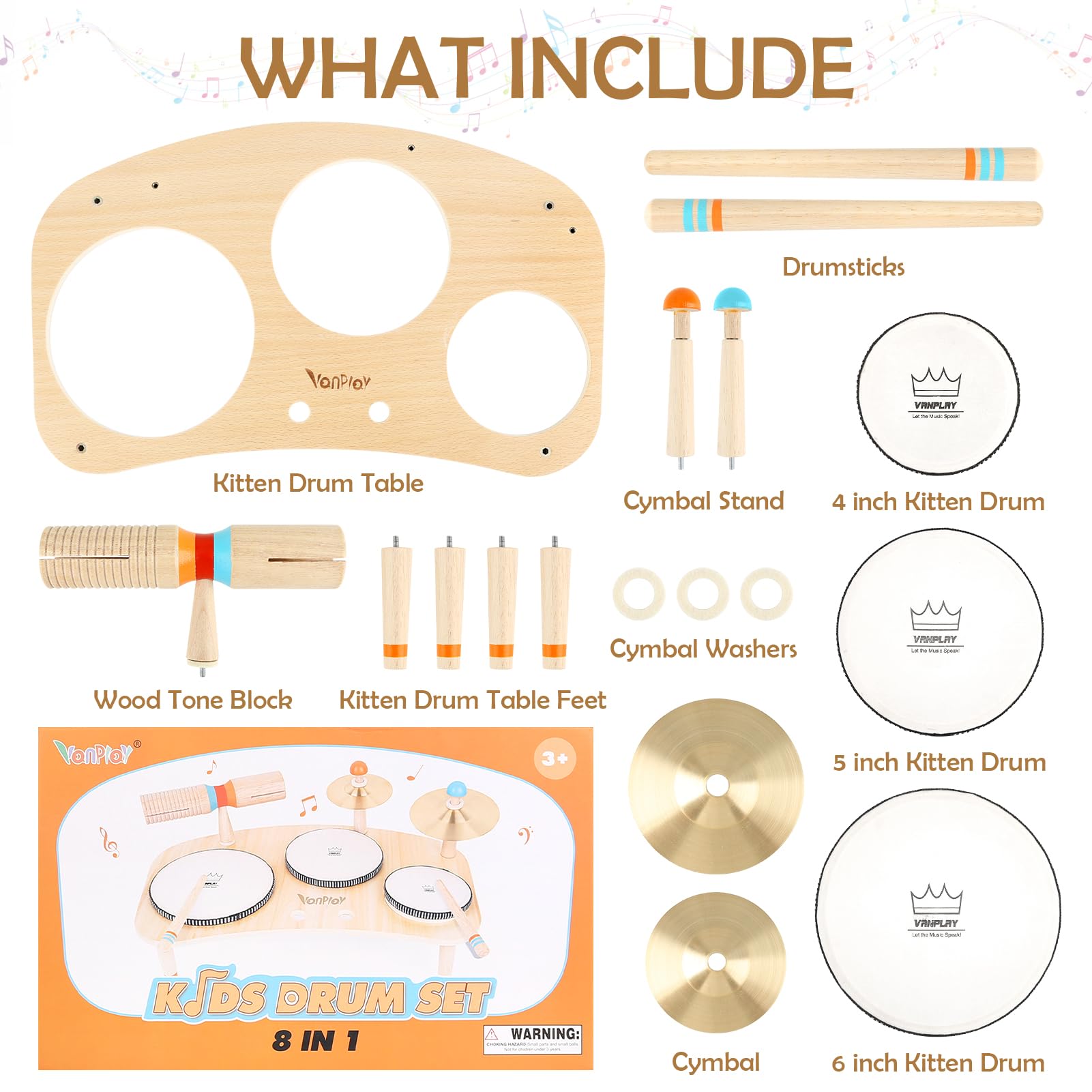 Vanplay drum set with four stabilizing legs stays steady during play.