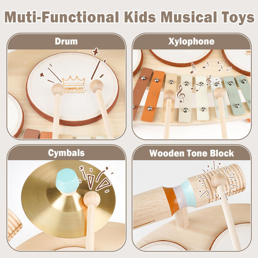 Vanplay toddler drum set includes two drumsticks for interactive play and motor skills.