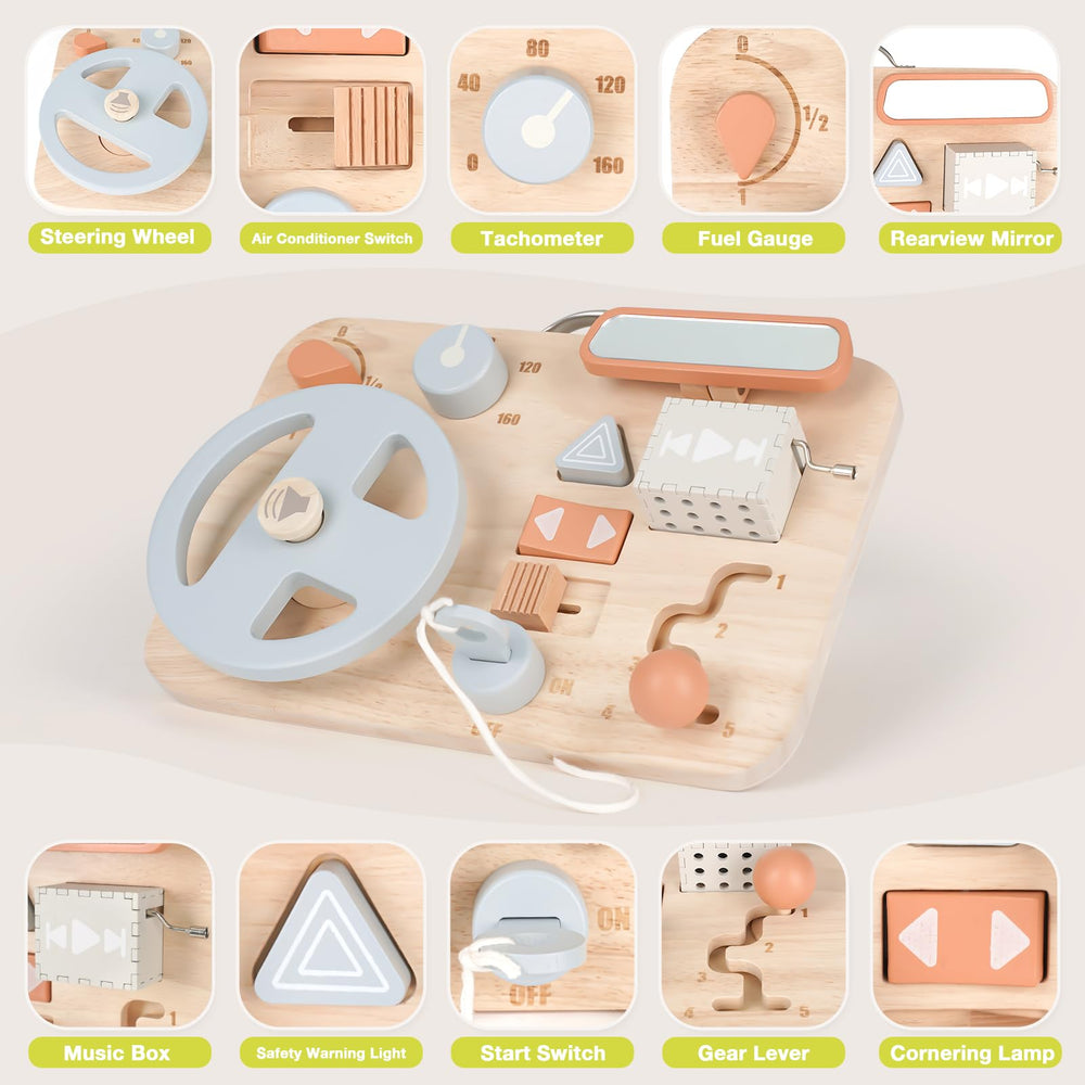 Vanplay Montessori Busy Board steering wheel action encourages turn-and-grip exploration on the go