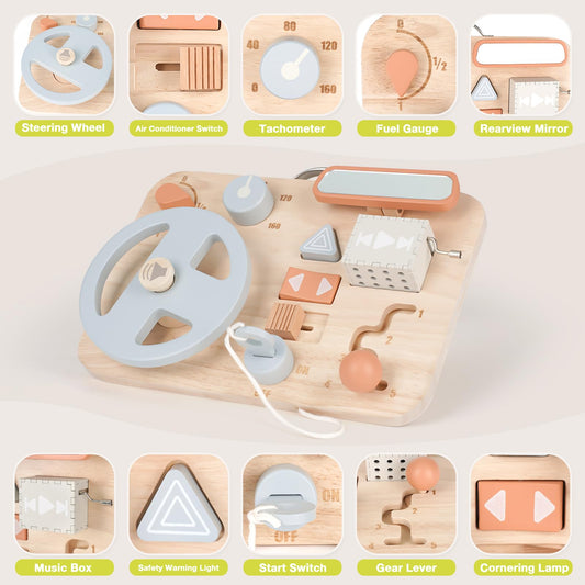 Vanplay Montessori Busy Board steering wheel action encourages turn-and-grip exploration on the go