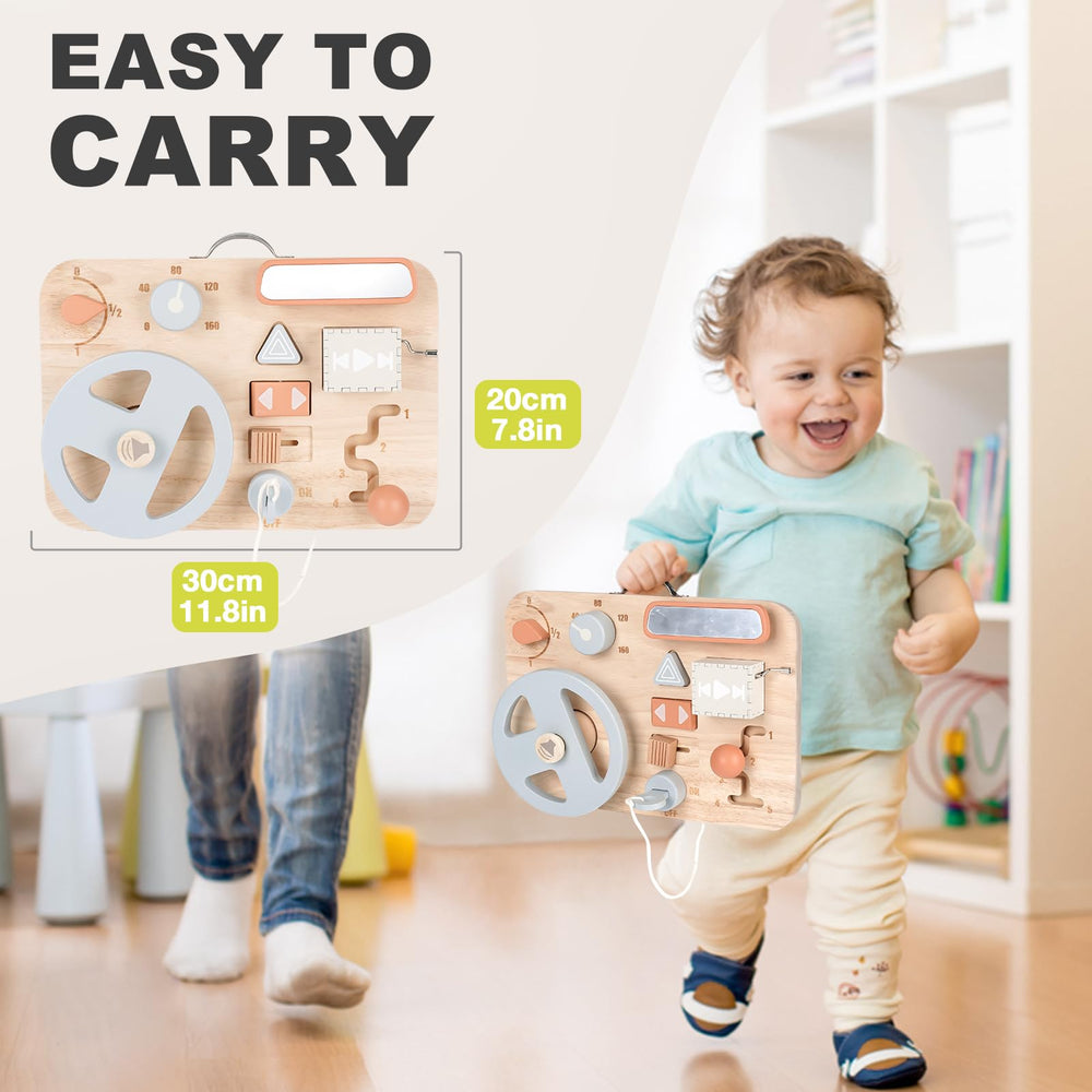 Vanplay Montessori Busy Board travel handle makes on-the-go learning easy