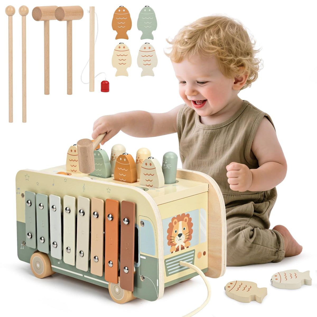 Vanplay Montessori mole game illustration, stimulating hand-eye coordination during play.