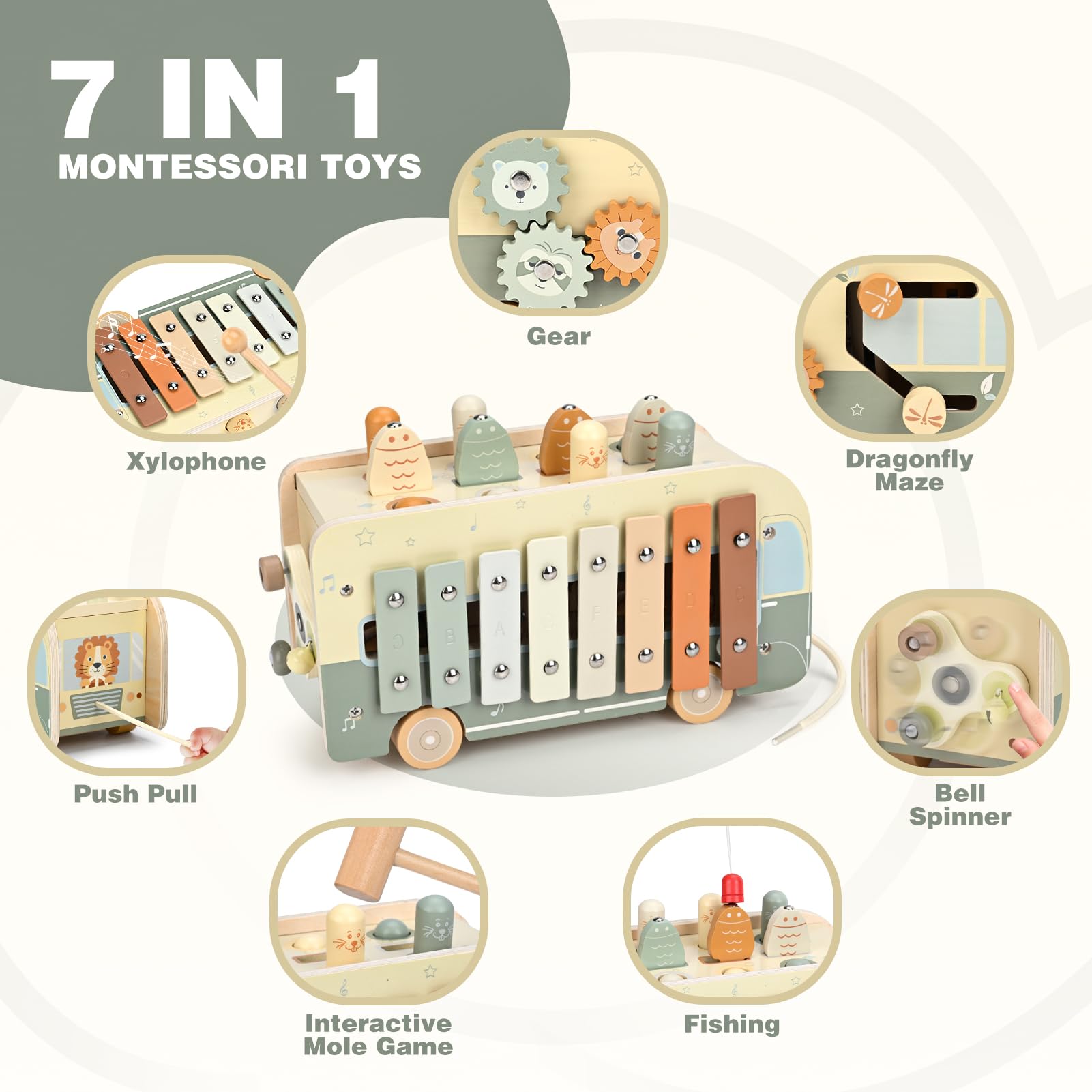 Vanplay Montessori toy xylophone being tapped to produce soft sounds.
