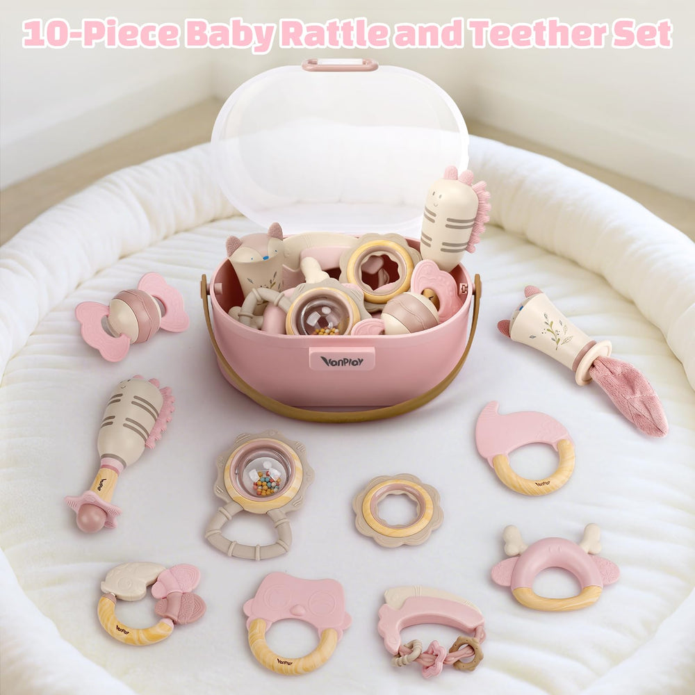 Vanplay soft silicone teether rattle supports soothing teething and sensory exploration.