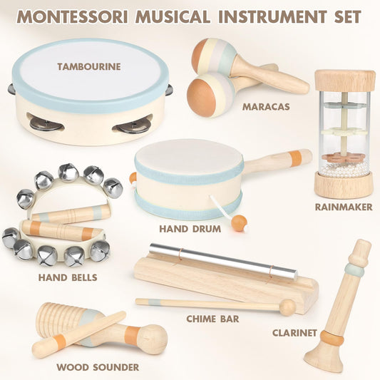 Vanplay wooden bells and shaker—gentle tones for sound recognition.
