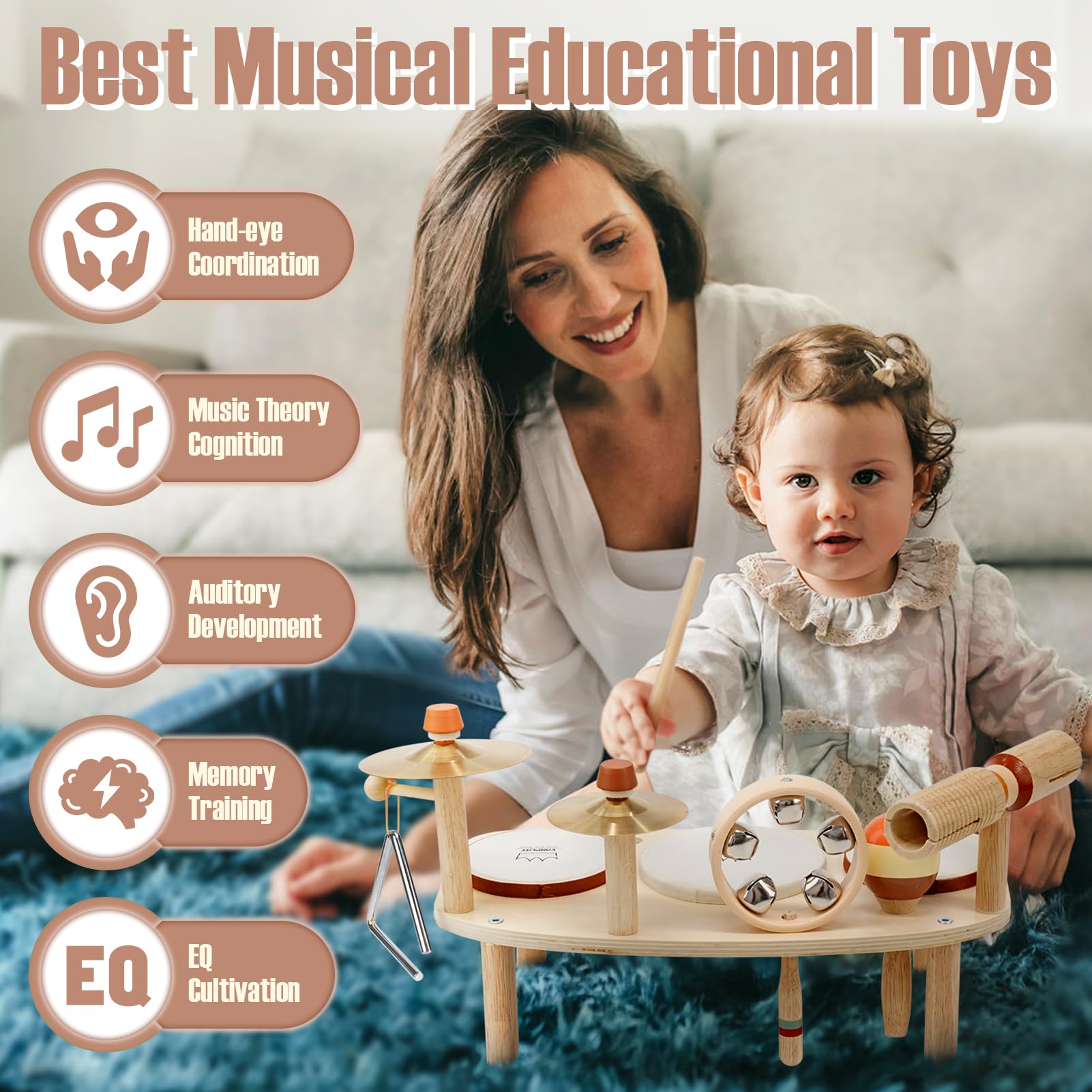 Vanplay wooden drum and percussion collection supports creative play and coordination.