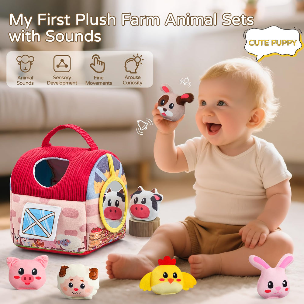 Vanvimen farm barn with 12 plush animals in bright colors for sensory play