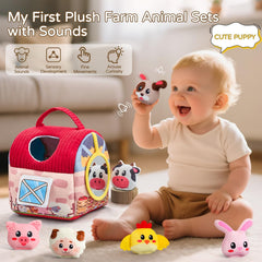 Vanvimen farm barn with 12 plush animals in bright colors for sensory play