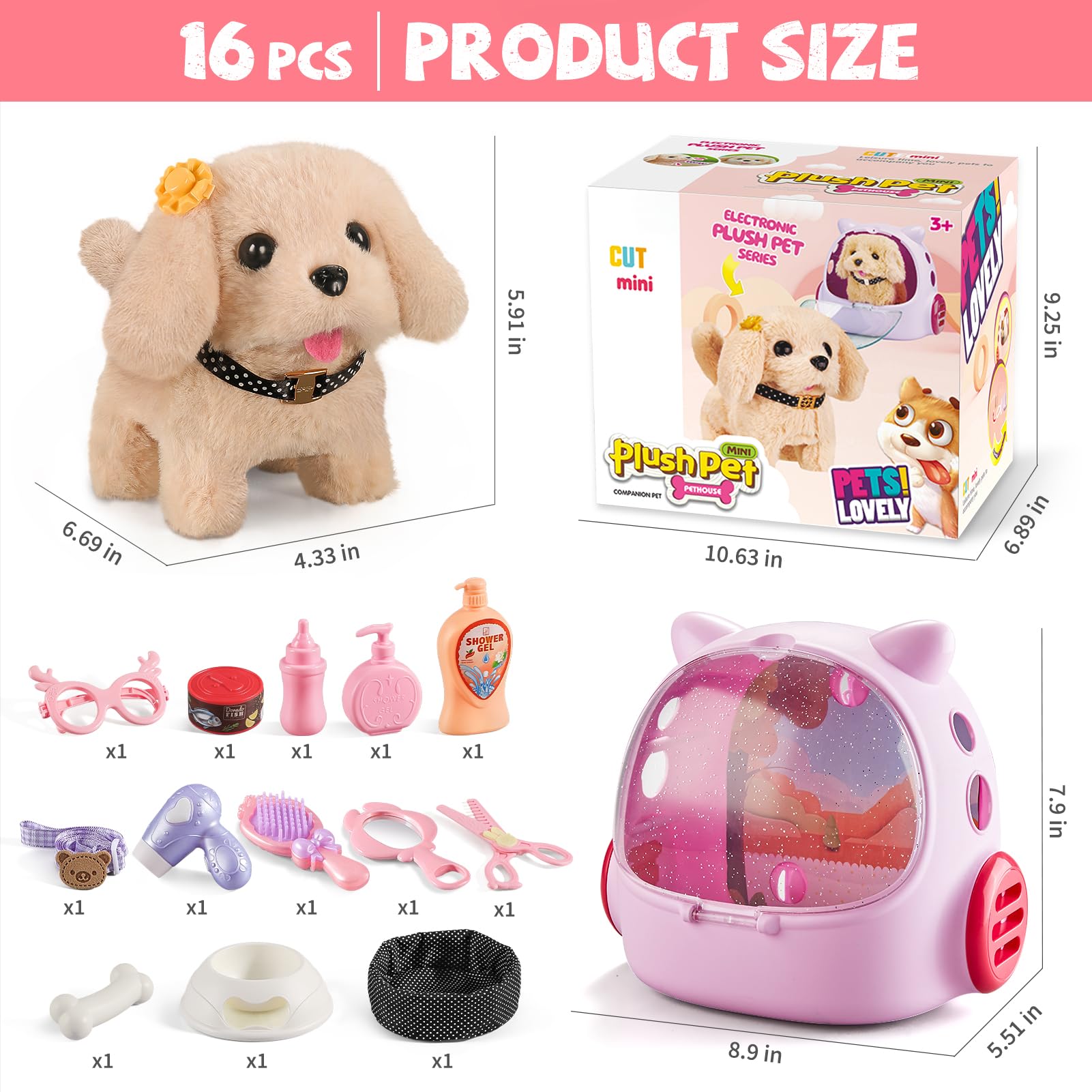 Vanvimen robot dog toy hair dryer and tools for salon-like play.