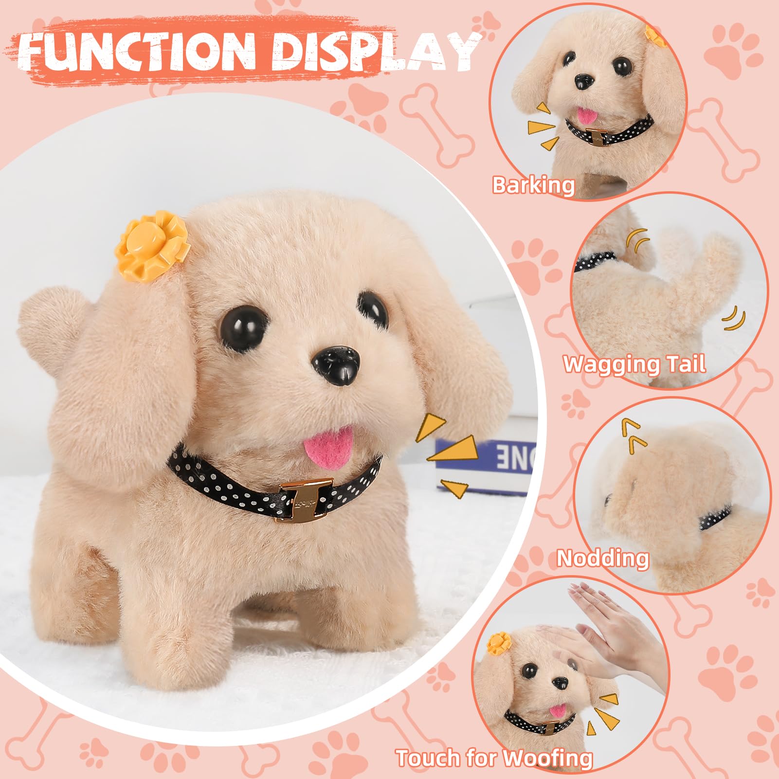 Pat its head to trigger sounds on the Vanvimen robot dog toy.