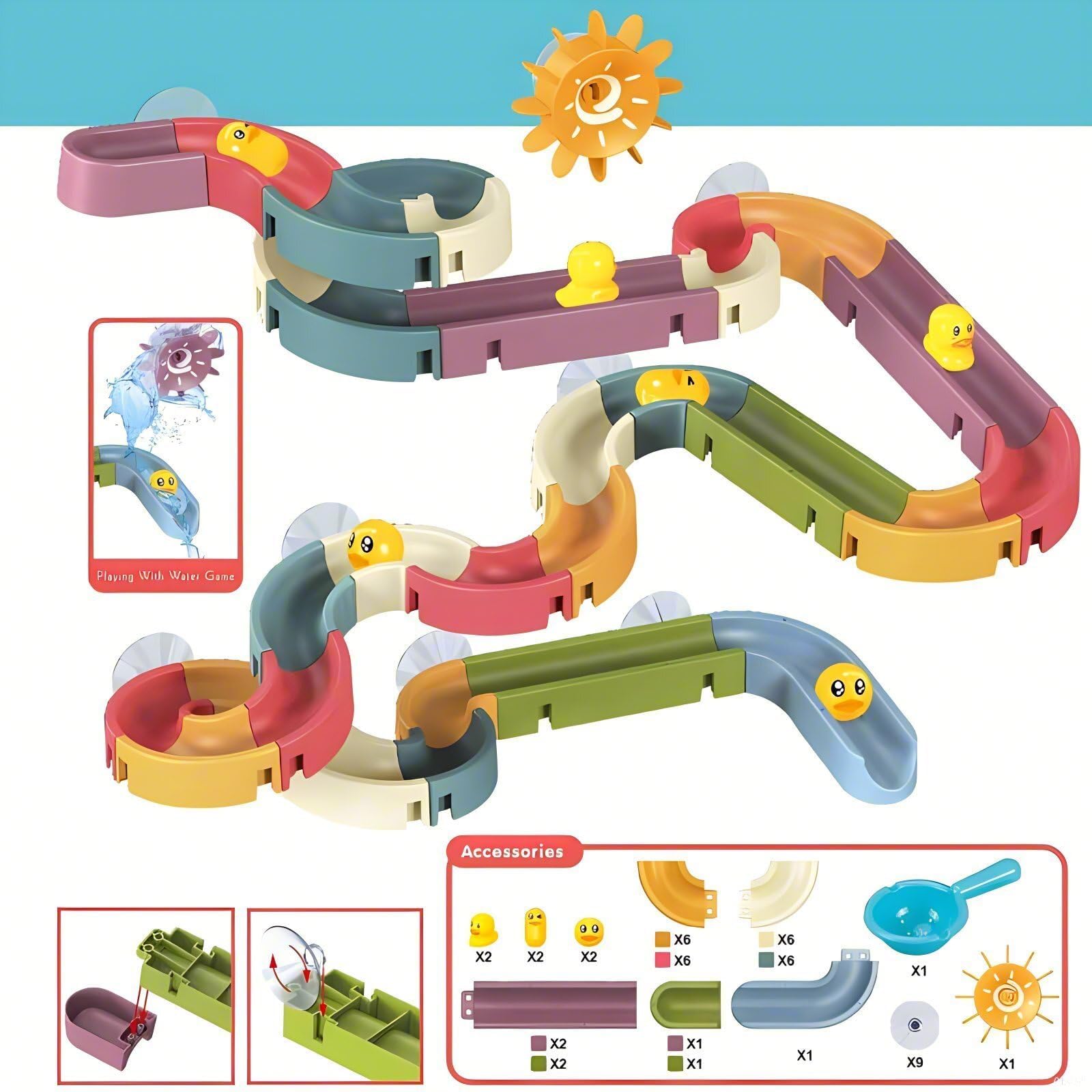 Vaofrean bath toy track assembly encourages creative problem-solving.
