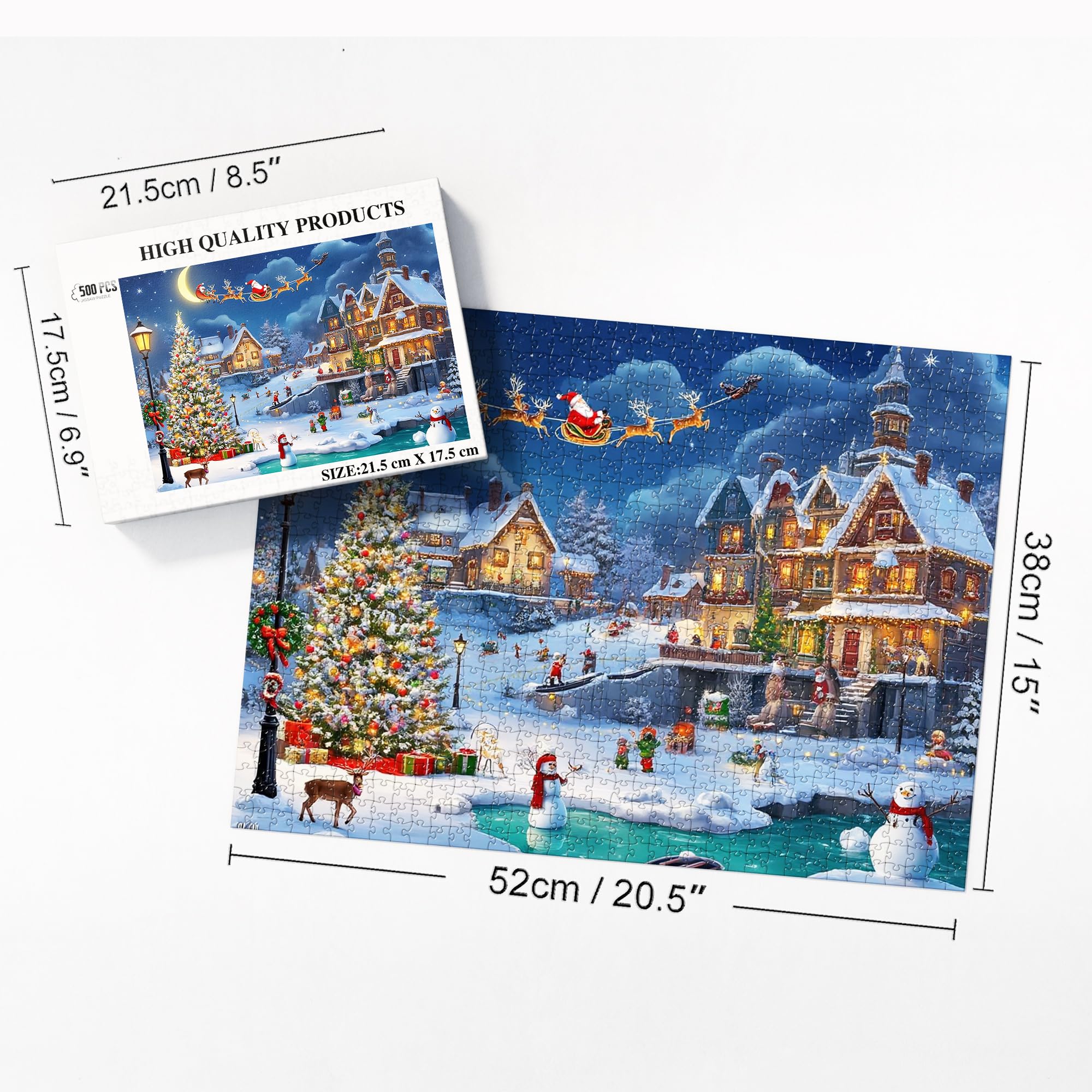 VAOWO Snow Scene puzzle displays colorful houses on cliffs for visual delight.