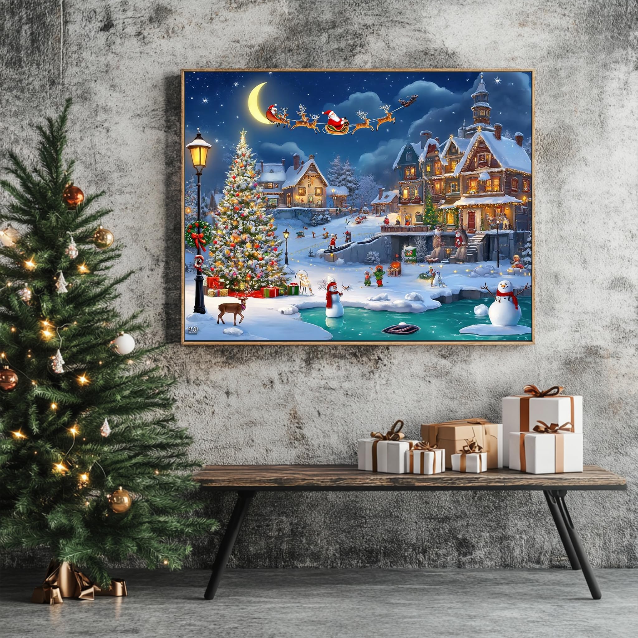 VAOWO Snow Scene puzzle shows glowing village lights for cozy family fun.