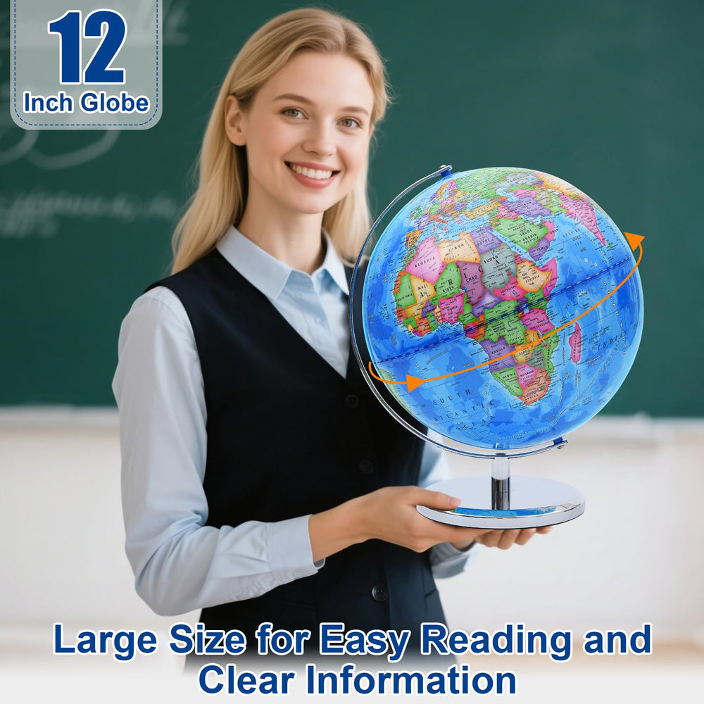VAP 12-inch globe shows oceans and borders with vibrant, high-definition print.