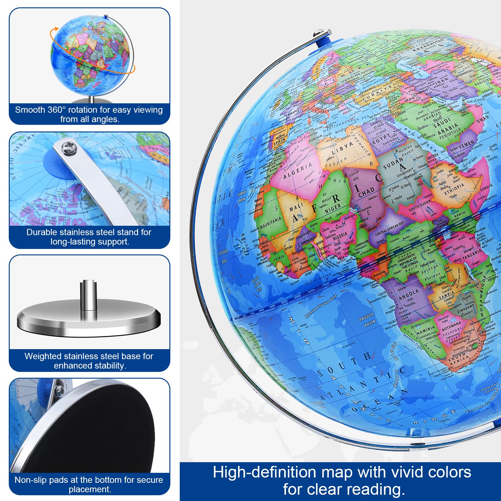 VAP world globe rotates 360° for full-view exploration of continents.