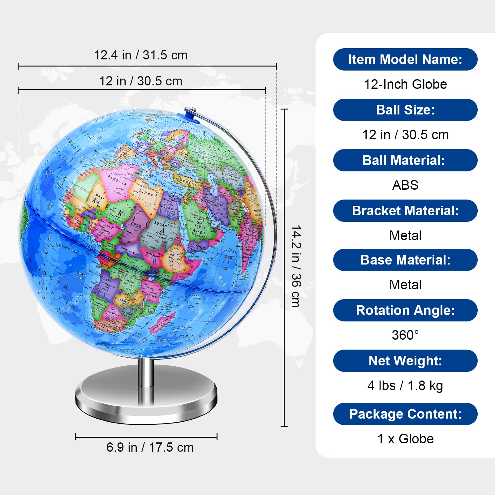 VAP globe on sturdy metal stand provides stable desk display.