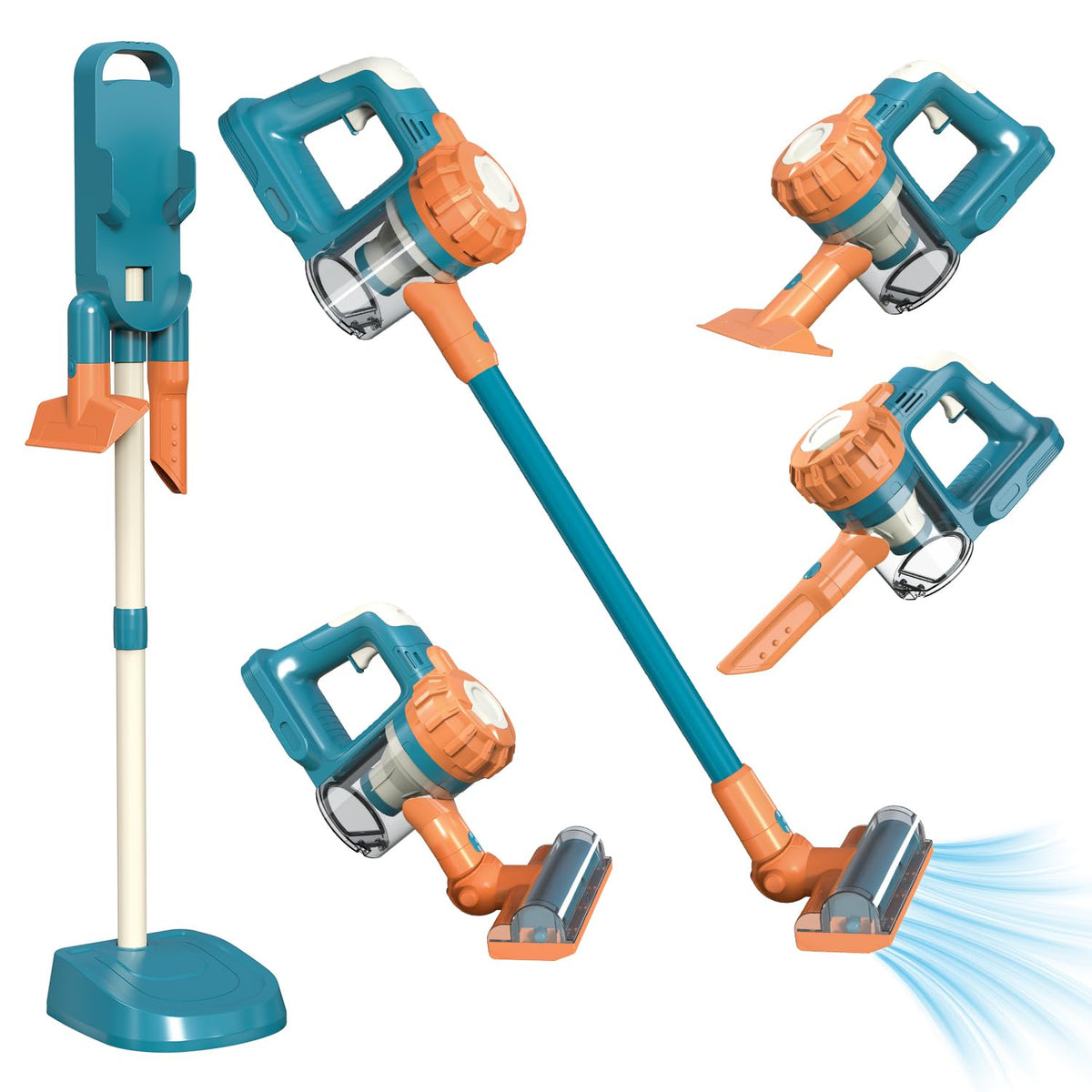 VARANO 3-in-1 Kids Vacuum blue front view shows gentle suction for safe pretend cleaning.