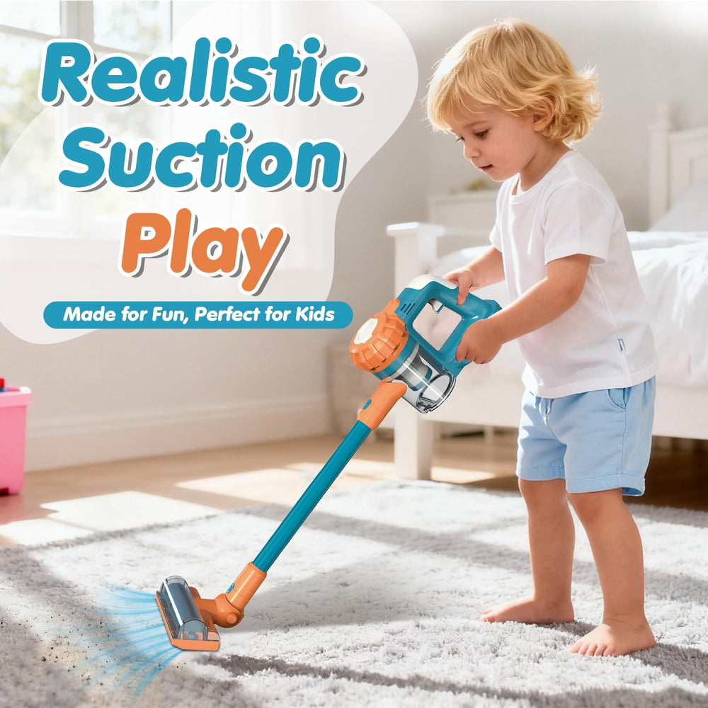 VARANO 3-in-1 Kids Vacuum blue side angle highlights versatile nozzles for imaginative play.
