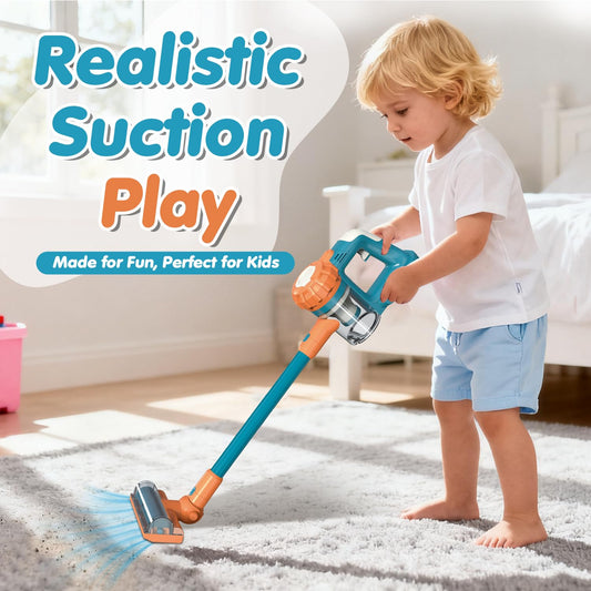VARANO 3-in-1 Kids Vacuum blue side angle highlights versatile nozzles for imaginative play.