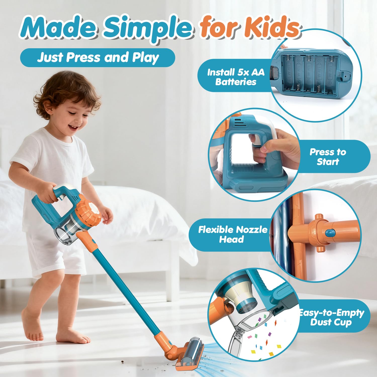 VARANO 3-in-1 Kids Vacuum easy-swap-system supports quick accessory changes.