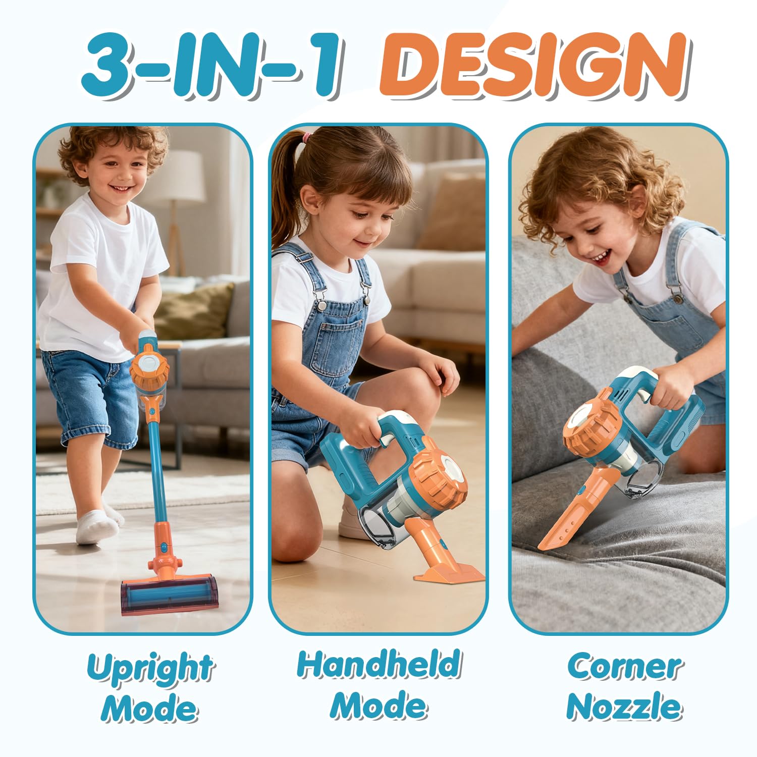 VARANO 3-in-1 Kids Vacuum nozzle-attachments enable varied pretend cleaning scenarios.