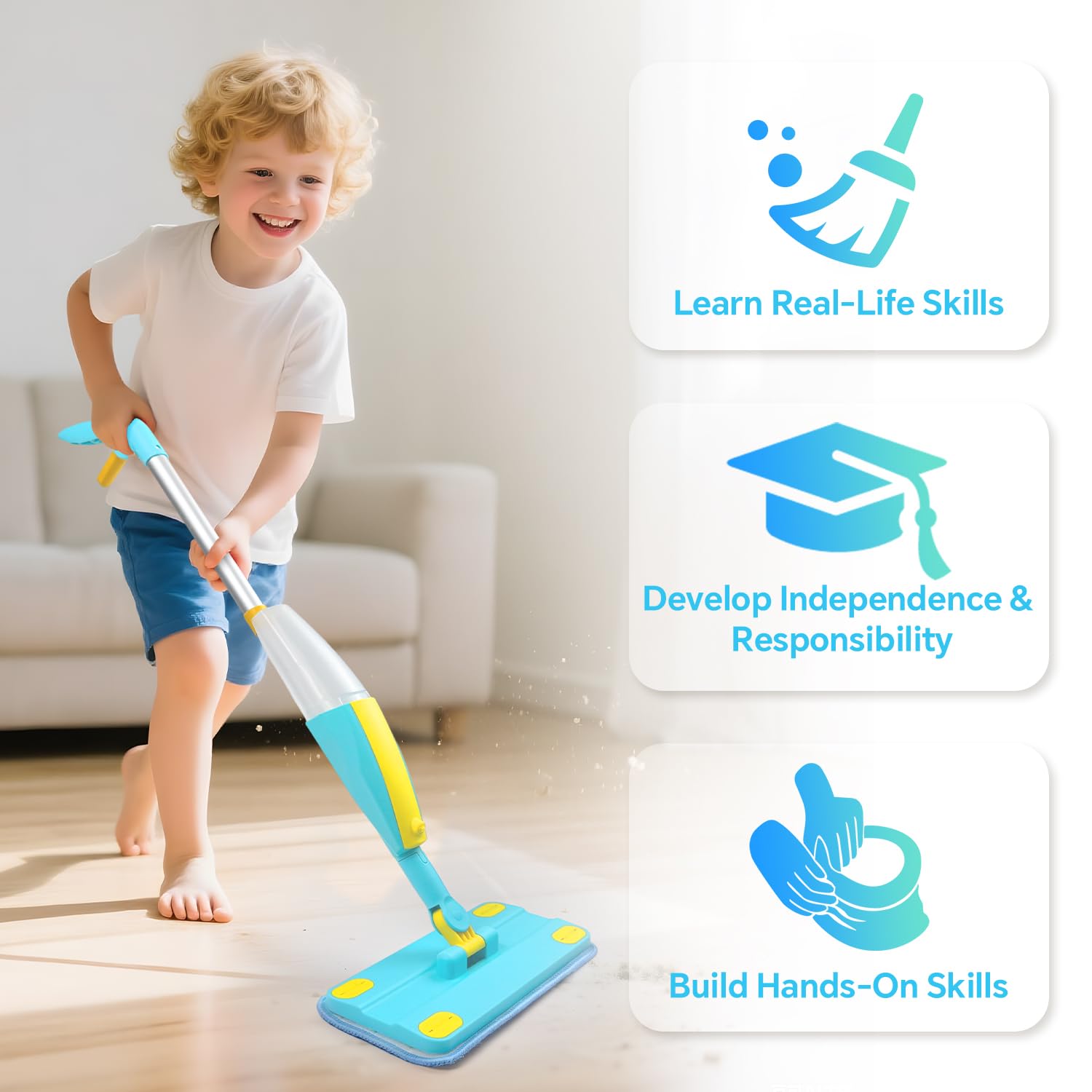 VARANO Mop Toy snaps together in seconds for quick pretend play setup.