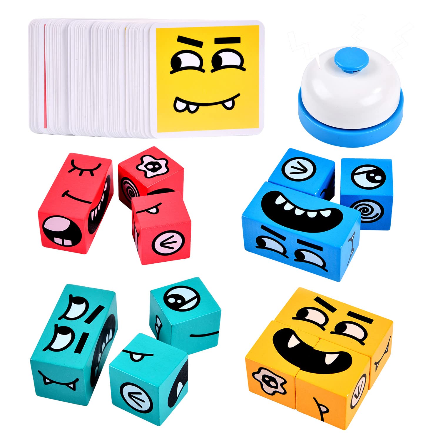 Varbertos wooden face-changing cube expressions on a table for family play.