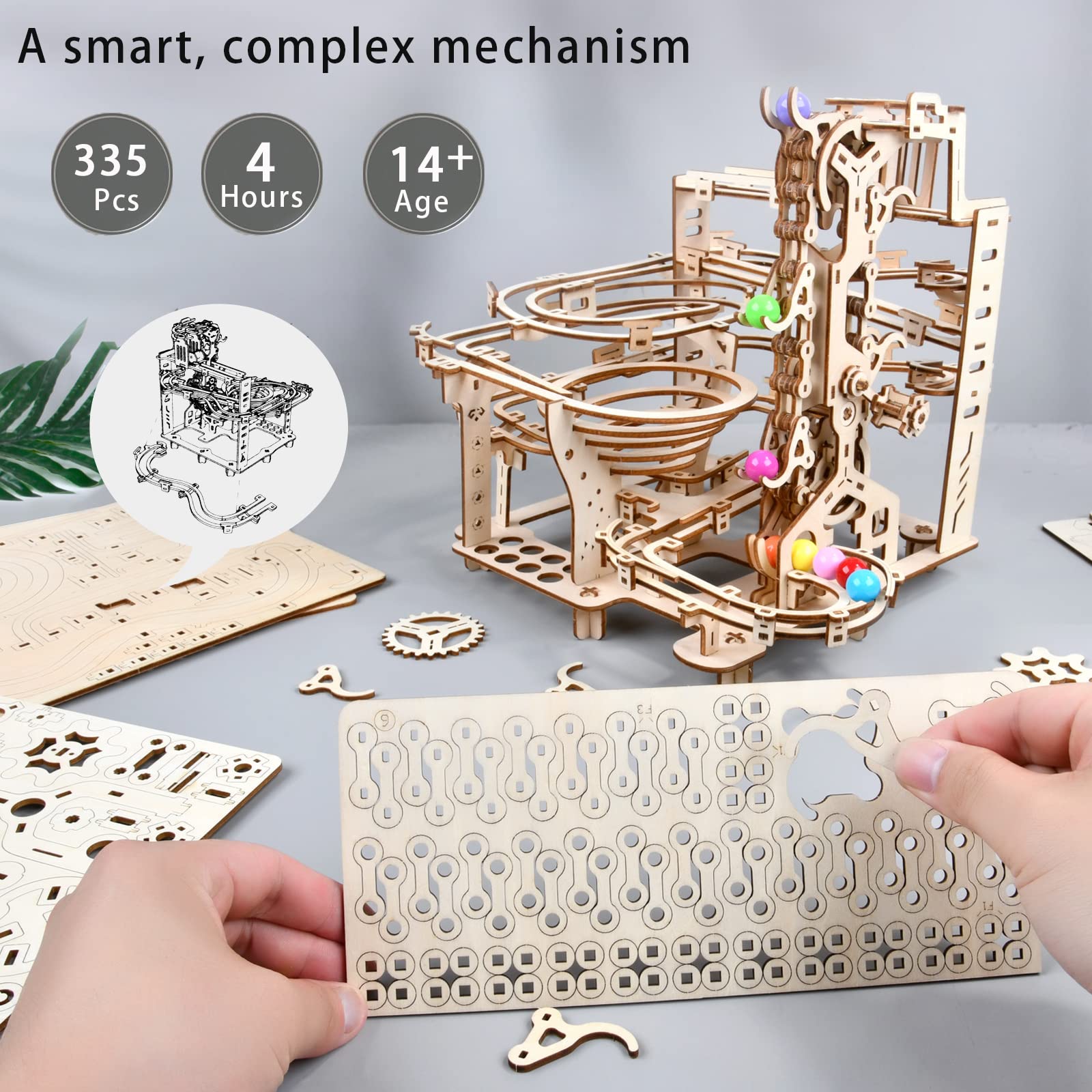 Varbertos wooden puzzle gear train demonstrates physics principles through hands-on assembly.