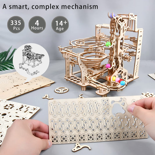 Varbertos wooden puzzle gear train demonstrates physics principles through hands-on assembly.