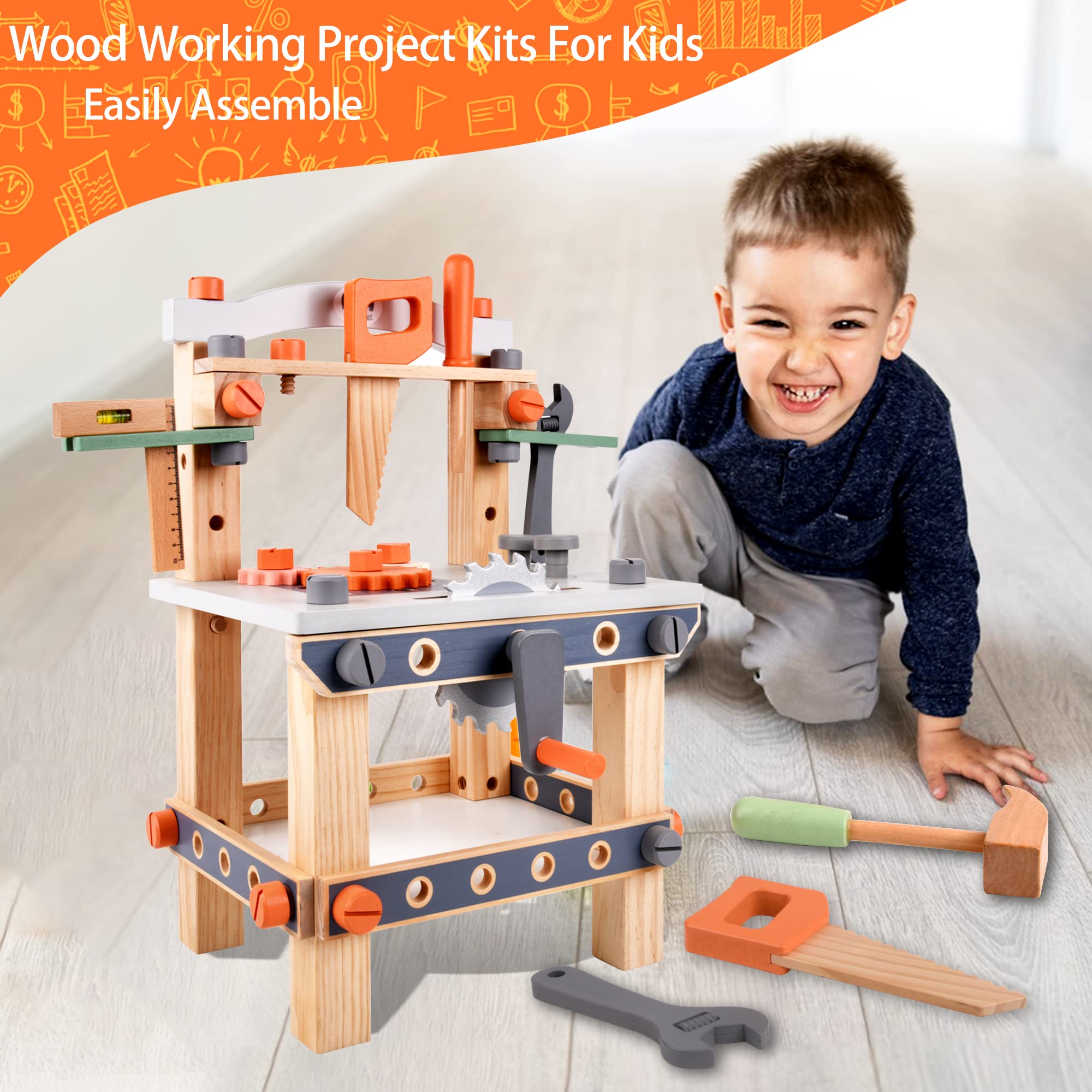 Varbertos wooden tool bench features gears and ruler for creative building