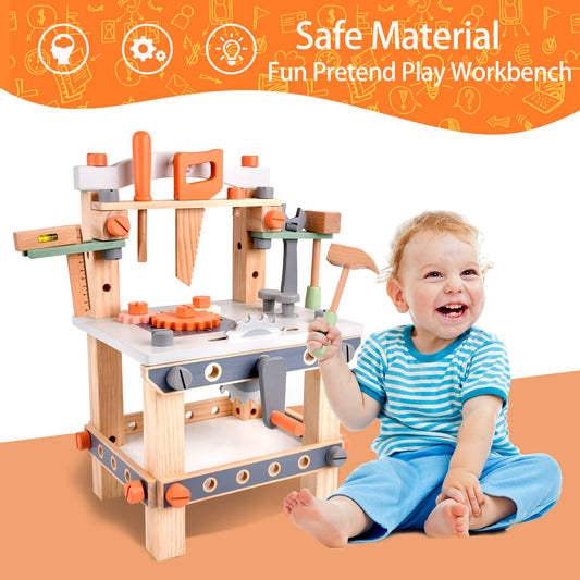 Varbertos wooden tool bench with pretend saw encouraging exploration