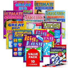 Variety Savings 10-pack crossword books for seniors ready for brain activity