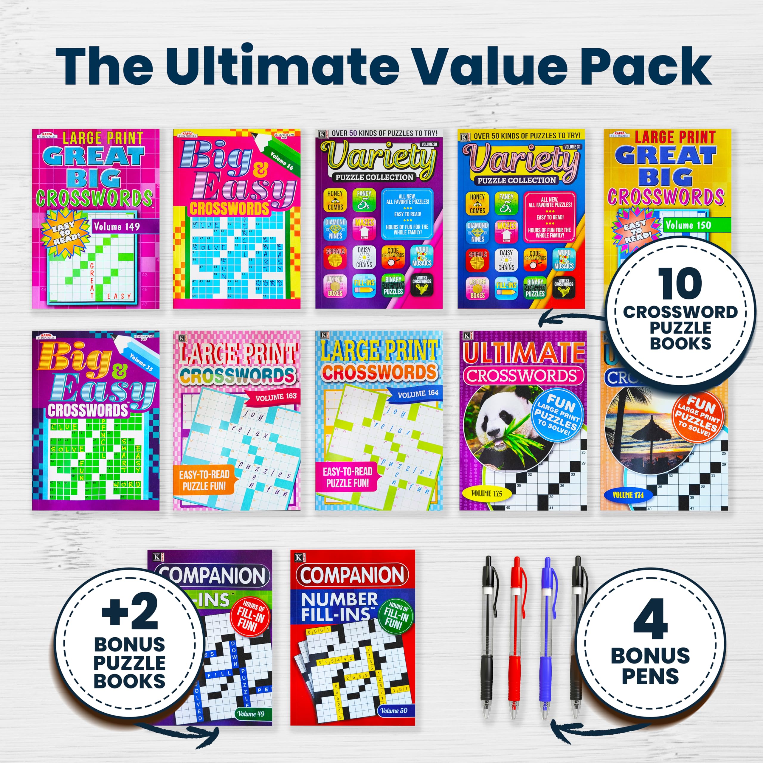 Four included pens with Variety Savings puzzle bundle